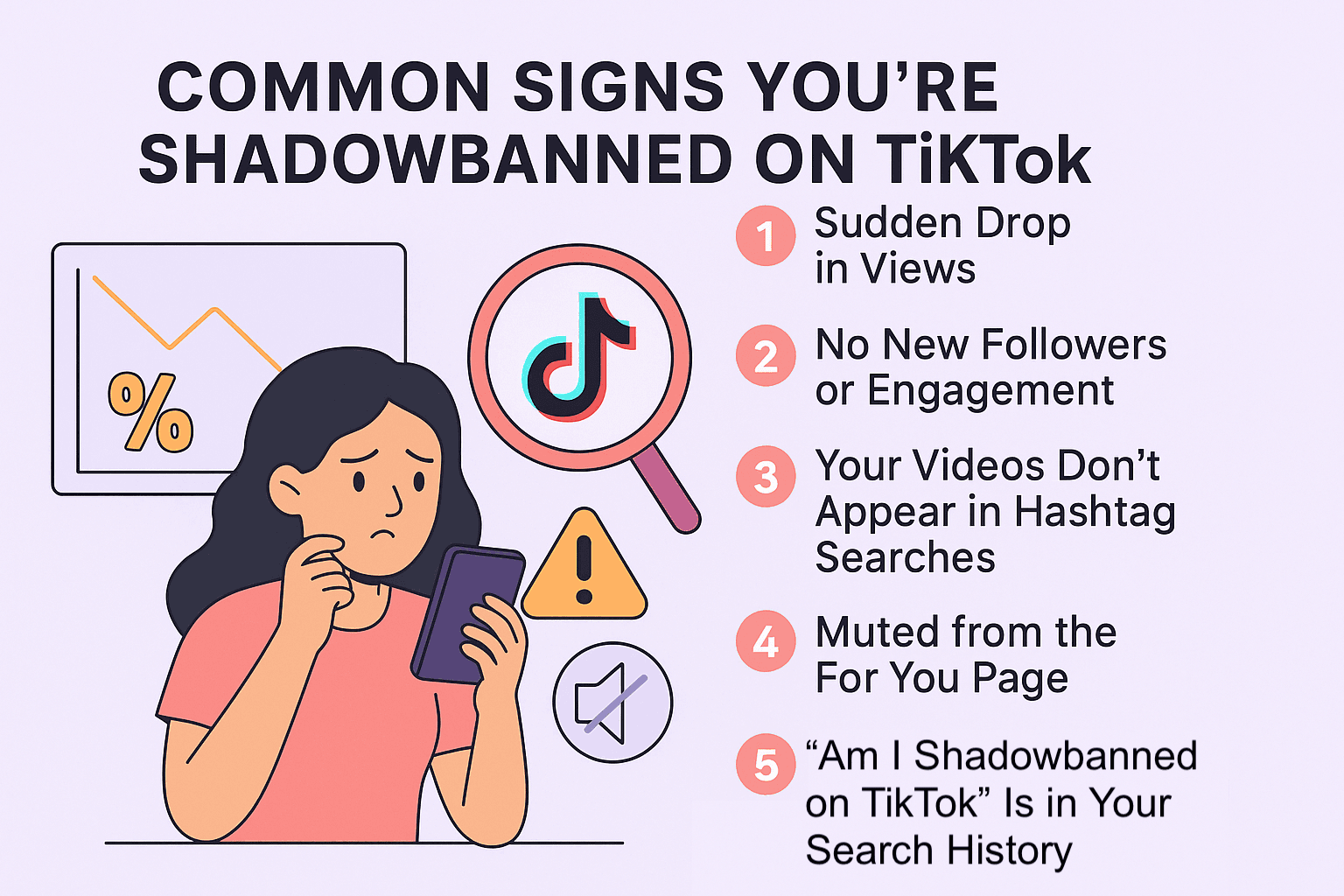Illustrated infographic showing common signs of being shadowbanned on TikTok, including a sudden drop in views, lack of engagement or followers, missing hashtag visibility, no presence on the For You Page, and a user searching “Am I shadowbanned on TikTok.”