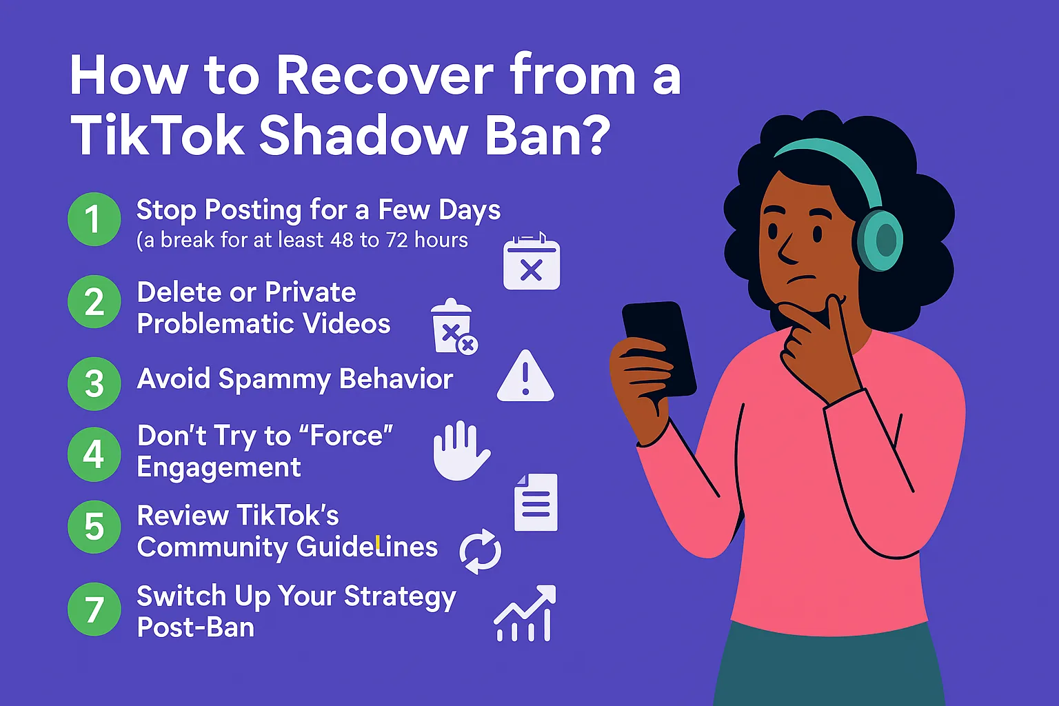 Illustrated infographic titled “How to Recover from a TikTok Shadow Ban” featuring seven recovery steps: 1) Stop posting for 48–72 hours, 2) Delete or private problematic videos, 3) Avoid spammy behavior, 4) Don’t force engagement, 5) Review TikTok’s Community Guidelines, 6) Switch up your post-ban strategy, 7) Check insights after posting again. Includes cartoon-style visuals and icons for each step in a clean, colorful layout.