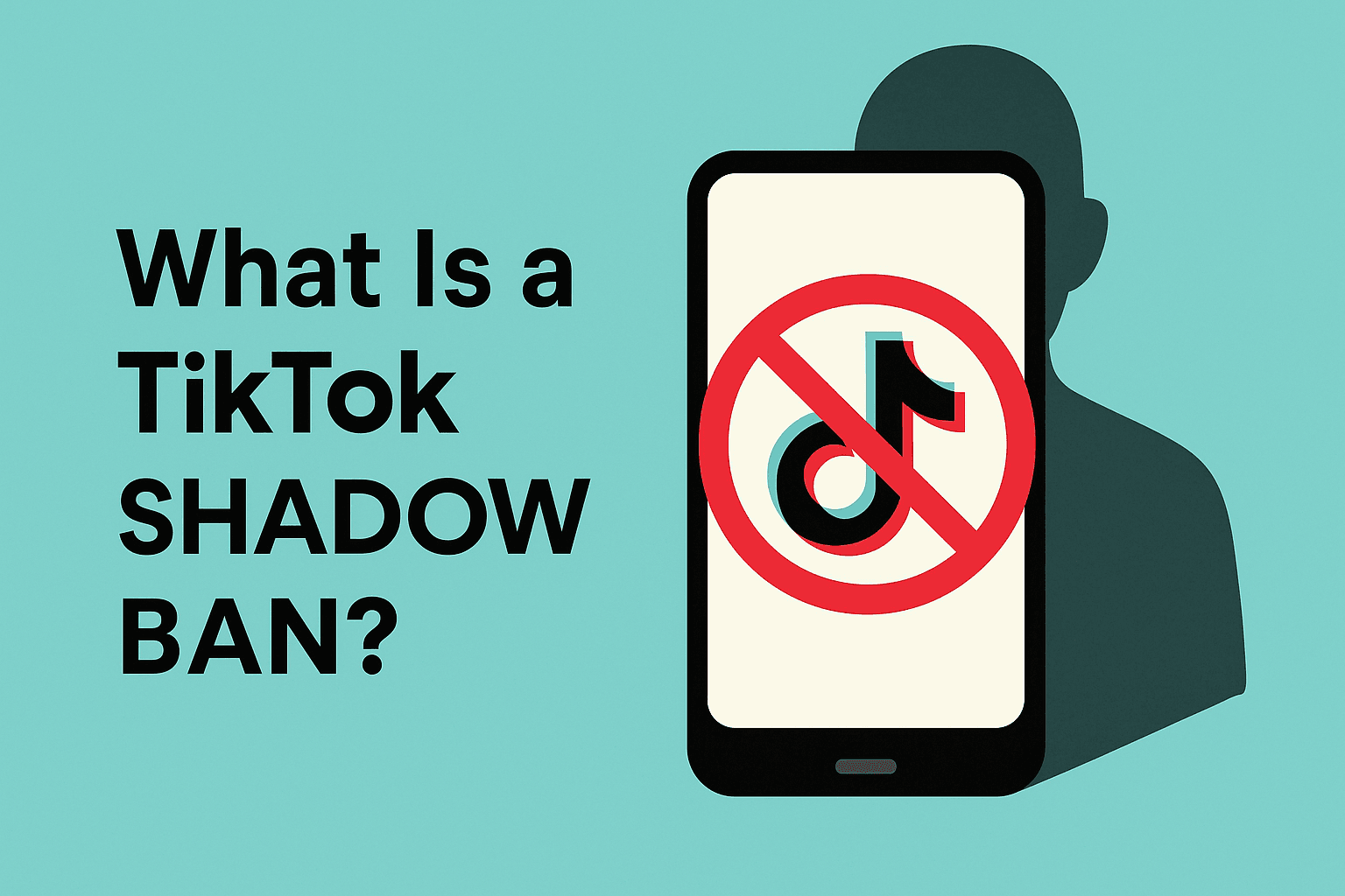 Illustrated explanation of what a TikTok shadow ban is, showing a frustrated creator, hidden posts, and a warning icon to represent reduced visibility and engagement on the platform.