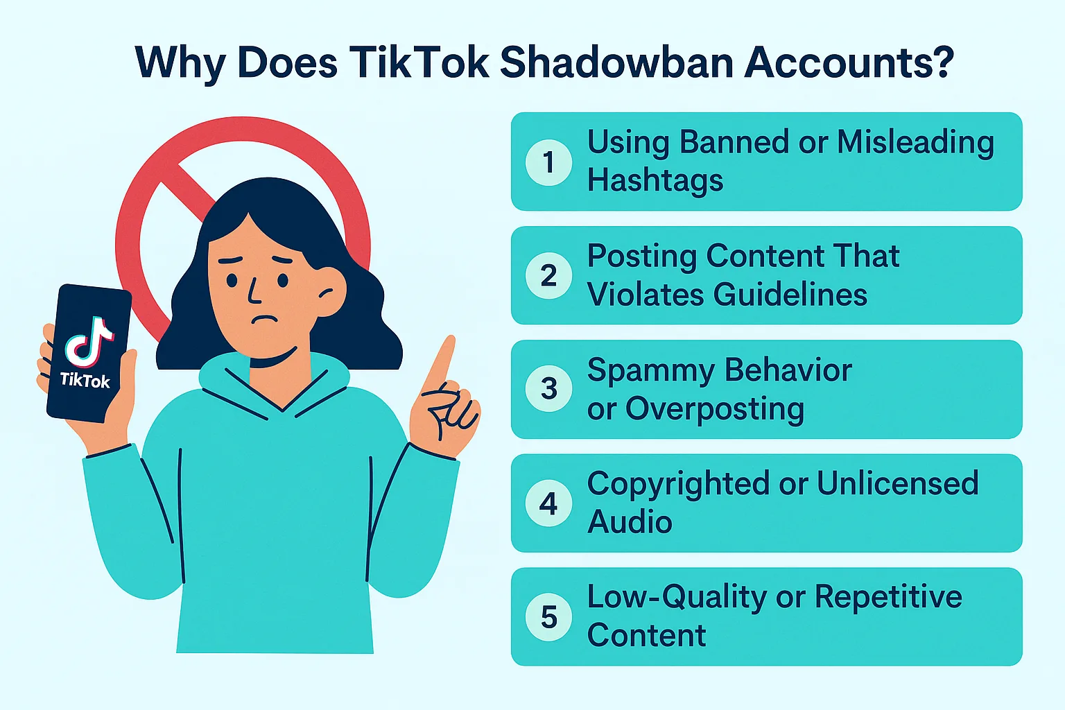 Illustrated infographic titled "Why Does TikTok Shadowban Accounts?" showing visual icons for banned hashtags, guideline violations, spammy posting behavior, copyrighted audio issues, and repetitive low-quality content.