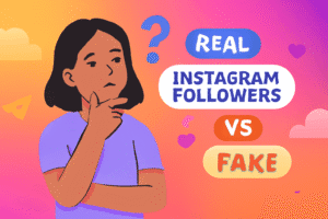 “Flat-style digital illustration of a young woman with medium brown skin, shoulder-length dark hair, and a lavender T-shirt, thoughtfully pondering 'Real Instagram Followers vs Fake'. The background features a vibrant gradient from orange to pink with playful icons and text bubbles.”