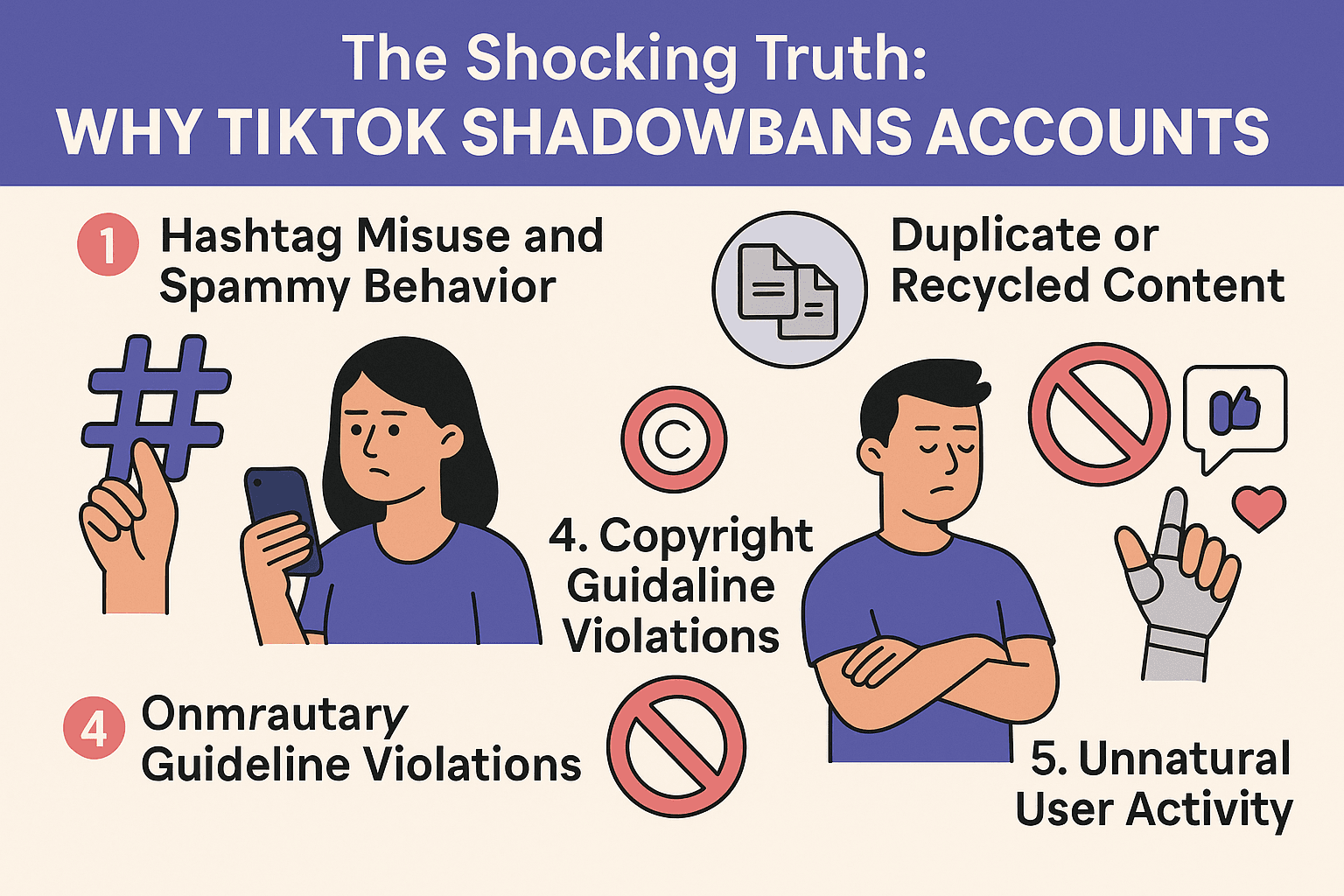 Flat-style infographic titled ‘The Shocking Truth: Why TikTok Shadowbans Accounts’ with five illustrated icons: crossed-out hashtag for spammy hashtags, duplicate video thumbnails for recycled content, copyright symbol over music note for copyright violations, exclamation mark for community guideline issues, and a robot spamming likes for unnatural user activity.