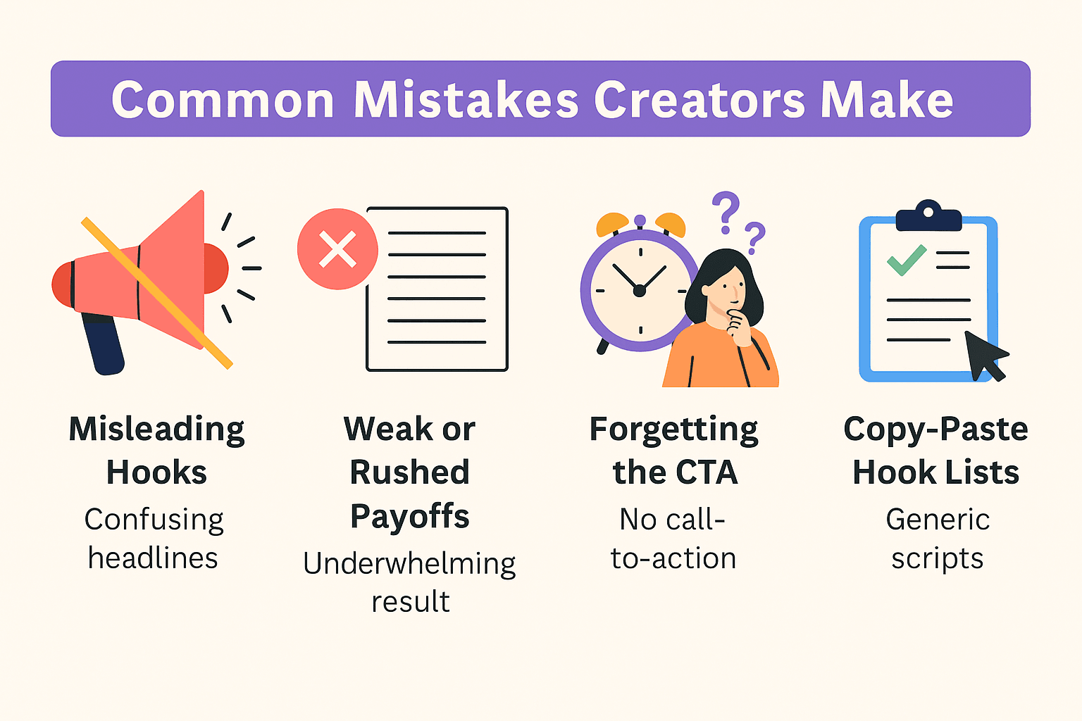 Infographic titled ‘Common Mistakes Creators Make’ with 5 key errors illustrated in flat-style icons. Mistake 1: ‘Misleading Hooks’ — shown with a megaphone icon, labeled ‘Confusing headlines.’ Mistake 2: ‘Weak or Rushed Payoffs’ — shown with a document and cross icon, labeled ‘Underwhelming result.’ Mistake 3: ‘Forgetting the CTA’ — shown with a person thinking, labeled ‘No call-to-action.’ Mistake 4: ‘Dragging Out the Payoff’ — shown with a clock icon. Mistake 5: ‘Copy-Paste Hook Lists’ — shown with a clipboard and checkmark icon, labeled ‘Generic scripts.’ Each section is color-coded with clear labels and descriptions.