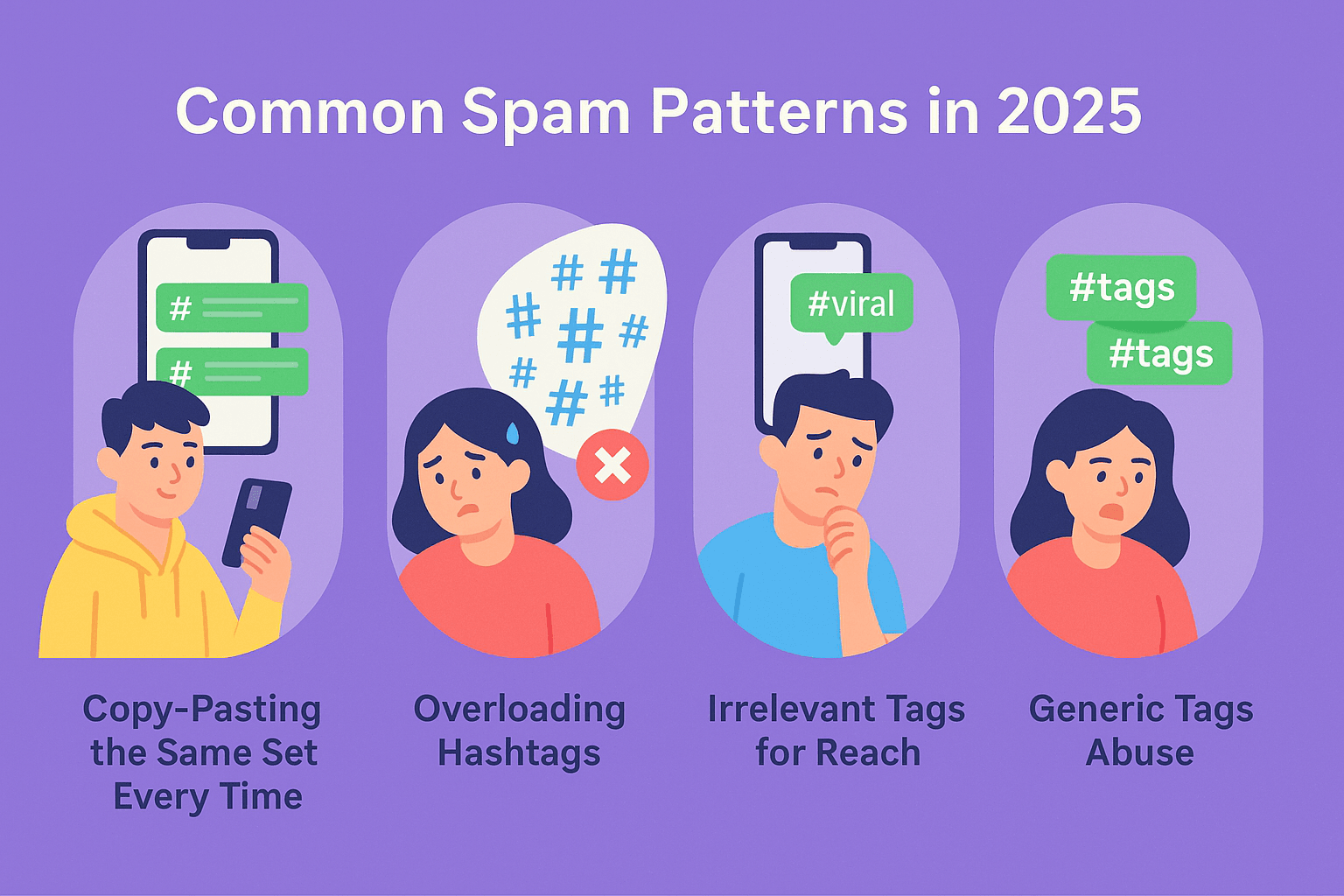 Common Spam Patterns in 2025: 1.Copy-Pasting the Same Set Every Time 2.Overloading Hashtags 3.Irrelevant Tags for Reach 4.Generic Tags Abuse