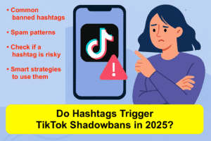 Flat-style infographic cover image for the blog ‘Do Hashtags Trigger TikTok Shadowbans in 2025?’ showing a smartphone with the TikTok logo, hashtags (#) marked with warning signs, and a worried cartoon character under a shadow overlay, symbolizing the risks of banned and spammy hashtags.