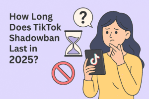 Flat-style illustration for blog ‘How Long Does TikTok Shadowban Last in 2025?’ showing a smartphone with the TikTok logo, a clock and calendar icons representing ban duration, and a shadow overlay with a confused character looking at the screen.