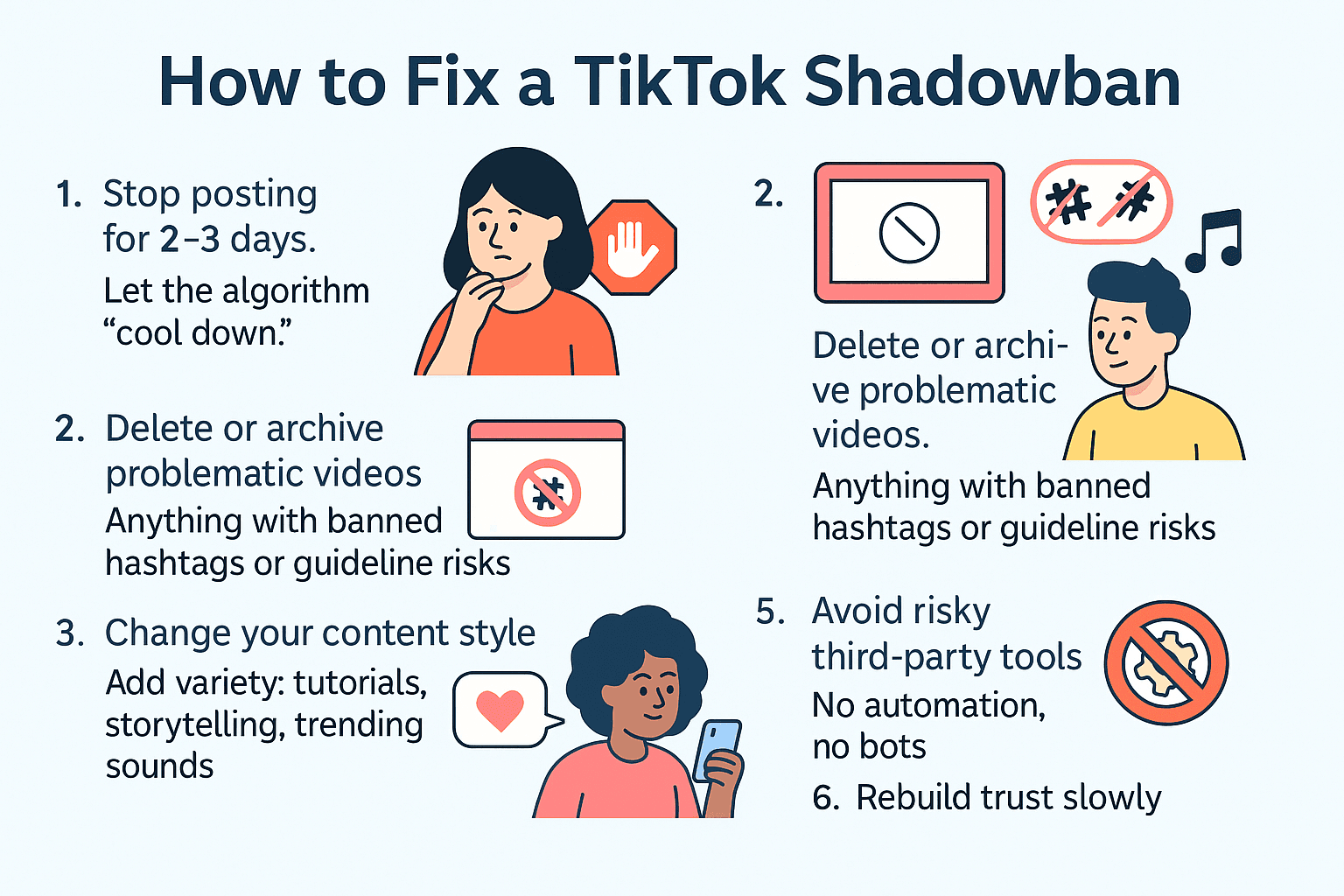Flat-style infographic titled ‘How to Fix a TikTok Shadowban’ with six illustrated icons: pause symbol for stopping posts, trash/archive folder for deleting risky videos, lightbulb for changing content style, speech bubbles for engaging naturally, crossed-out robot for avoiding third-party tools, and upward growth chart for rebuilding trust slowly.