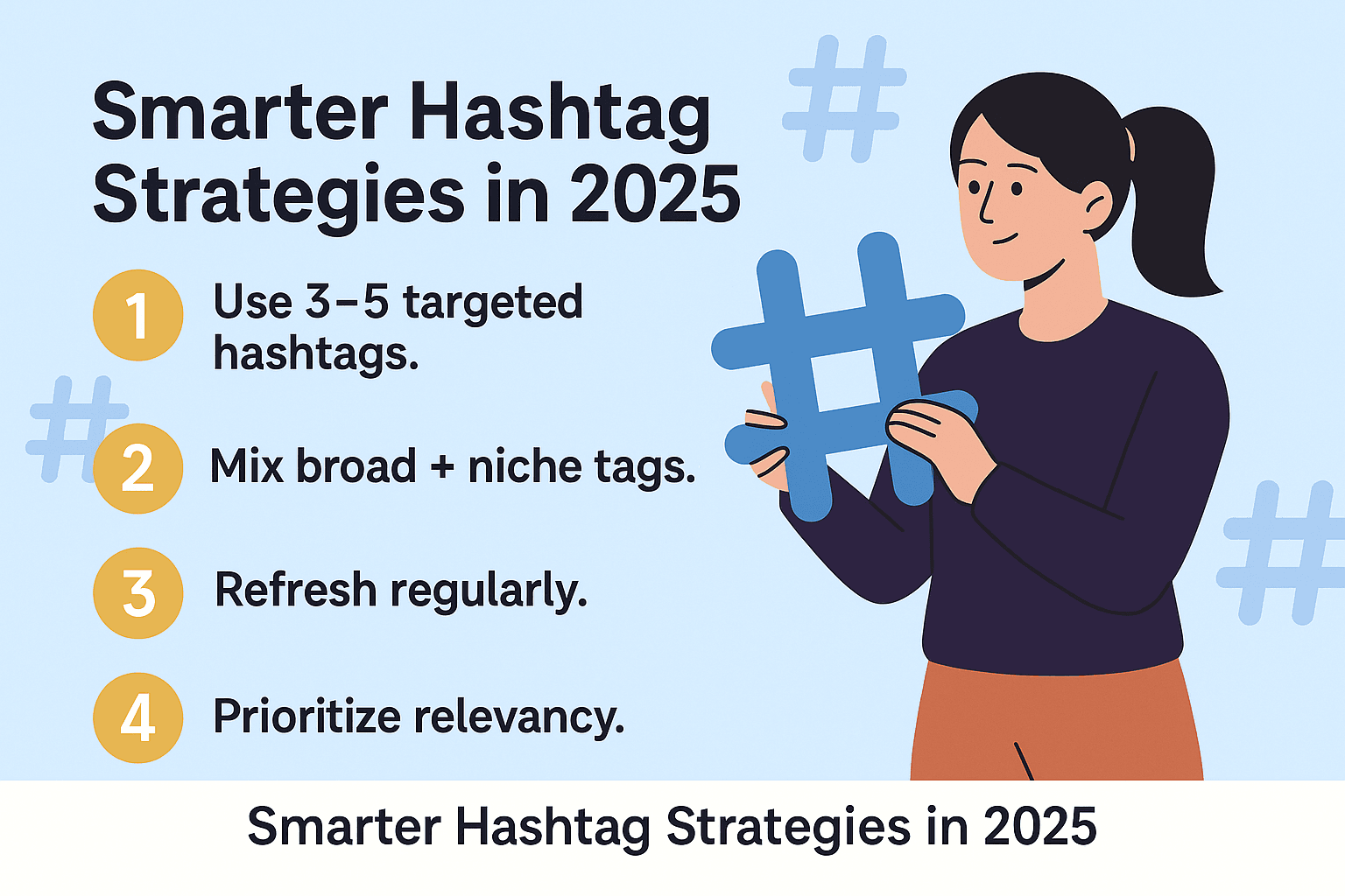 Flat-style infographic titled ‘Smarter Hashtag Strategies in 2025’ showing four panels: using 3–5 targeted hashtags with checkmarks, mixing broad and niche tags with large and small hashtag icons, refreshing hashtags with rotating arrows, and prioritizing relevancy with a magnifying glass highlighting the correct tags. Designed in TikTok color palette of pink, cyan, black, and white.