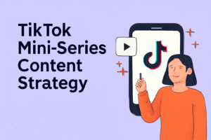 Flat-style illustrated cover for TikTok Mini-Series Strategy 2025 blog, showing a cartoon creator recording short videos on a smartphone tripod with Part 1, Part 2, Part 3 thumbnails on screen.