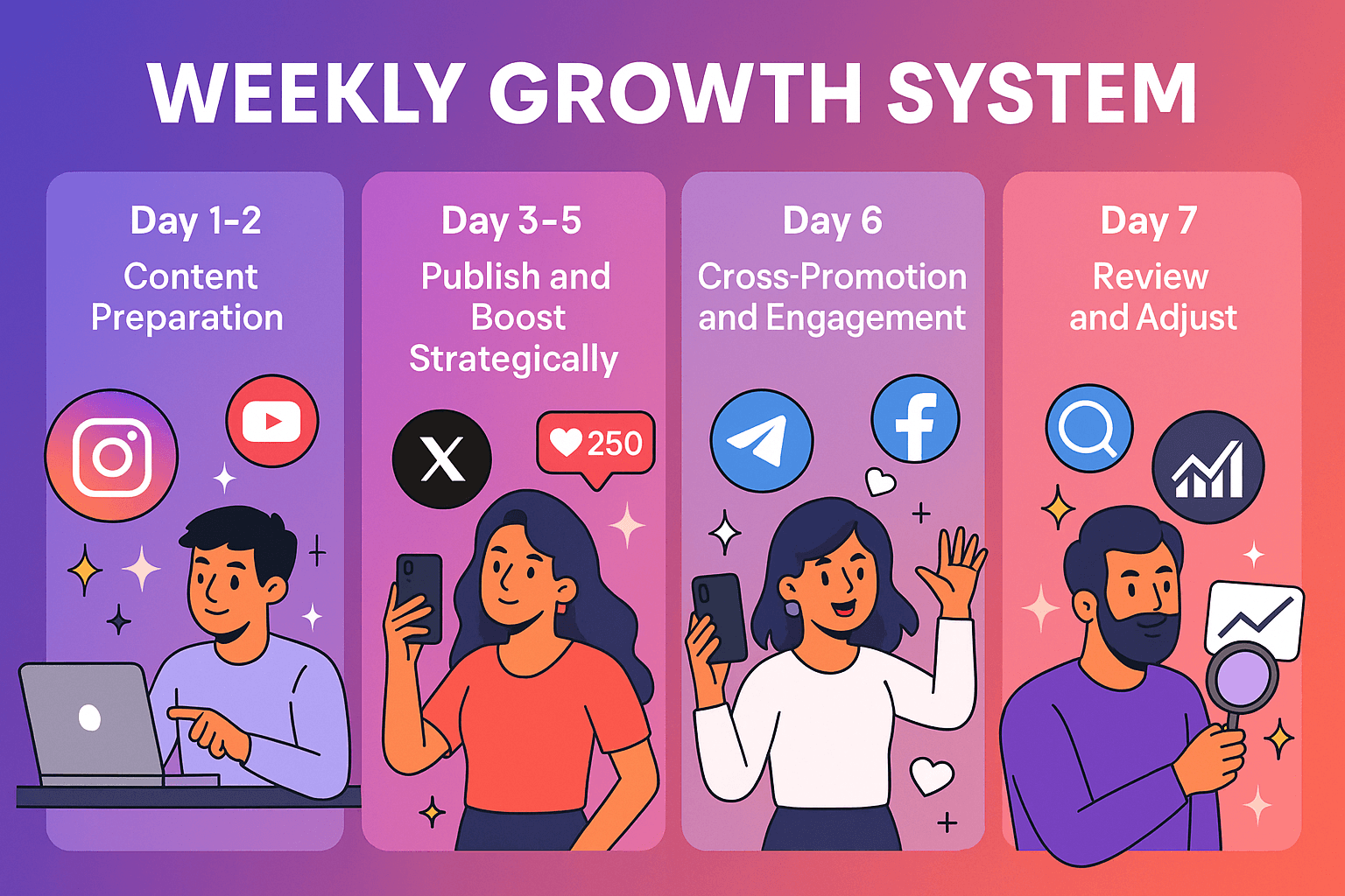Illustrated infographic titled “Weekly Growth System” showing four stages. Day 1–2: Content Preparation with people planning and editing videos. Day 3–5: Publish and Boost Strategically with social media icons (Instagram, TikTok, Twitter, YouTube) and engagement symbols like likes, followers, and comments. Day 6: Cross-Promotion and Engagement with icons of Facebook, Telegram, Reddit, and Pinterest. Day 7: Review and Adjust with a person analyzing charts and dashboards. Vibrant flat vector style with rich colors.