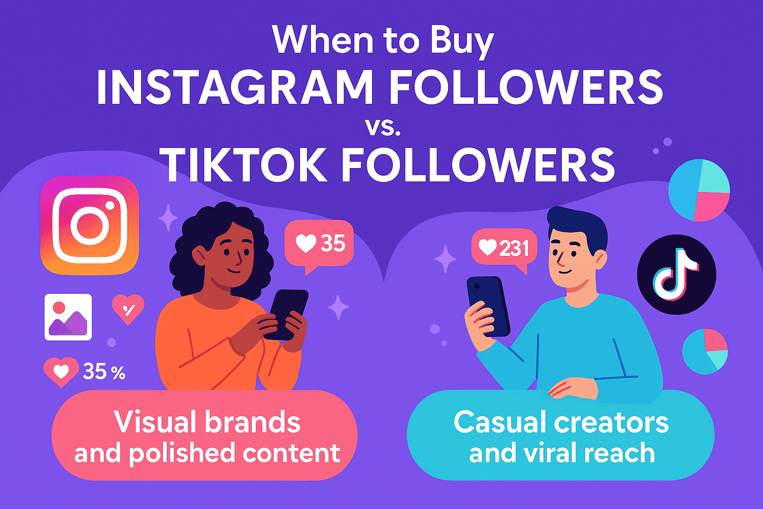 Illustrated infographic titled “When to Buy Instagram Followers vs. TikTok Followers.” The left half uses Instagram’s purple, pink, and orange gradient colors with an illustrated person posting Reels, surrounded by follower and like icons. The right half uses TikTok’s black, cyan, and pink theme with an illustrated person creating TikTok videos, music notes, and engagement icons. Highlights show Instagram as best for brand credibility and Reels posting, while TikTok is best for algorithm traction and boosting high-retention videos.