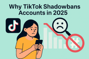 Flat-style infographic illustration of TikTok shadowban in 2025 showing a worried user holding a phone, the TikTok logo, a downward red chart, a sad face magnifying glass, and a banned hashtag symbol.