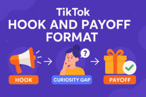 Flat-style illustrated cover image for a blog titled ‘TikTok Hook and Payoff Format.’ The design shows three steps: Hook (megaphone icon), Curiosity Gap (thinking person with question mark), and Payoff (gift box with checkmark). Bright orange, blue, and purple colors with arrows connecting each stage on a purple background.