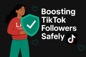 Illustrated cover image showing diverse people with TikTok elements on a black background. A person holds a green shield with a checkmark symbolizing safety, while charts, hearts, and the TikTok logo highlight growth and credibility. Designed in flat-style with neon accents to match TikTok branding.