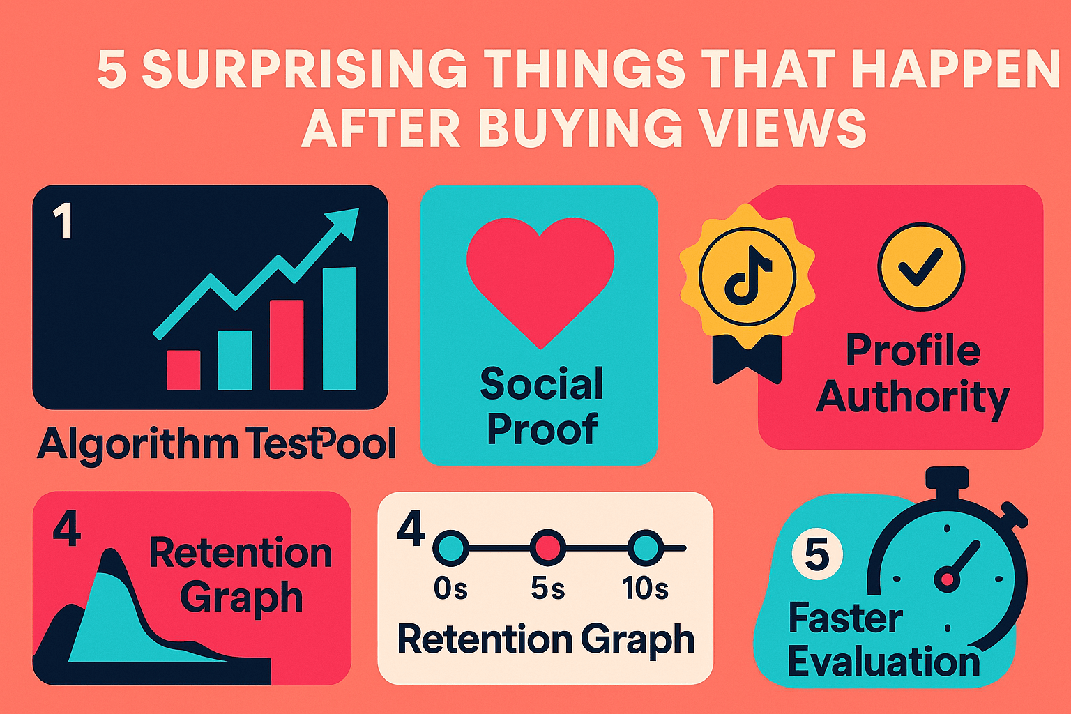 what happens when you buy TikTok views. Infographic illustrating five effects that occur after buying TikTok views, including algorithm expansion and higher engagement trust.