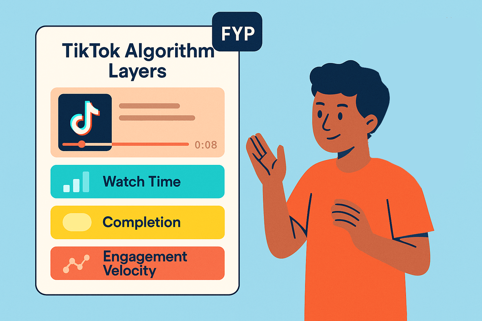 Flat illustration of TikTok algorithm layers showing how views and engagement velocity influence reach.