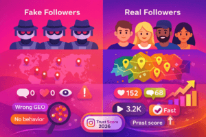 Instagram now measures behavior, GEO relevance, trust score tiers, device clusters, and activity patterns to determine whether a follower is legitimate. This means that fake Instagram followers in 2026 are not just easy to detect — they are more damaging than ever. And real followers in 2026 are more valuable because they help the algorithm understand your region, niche, and audience match.