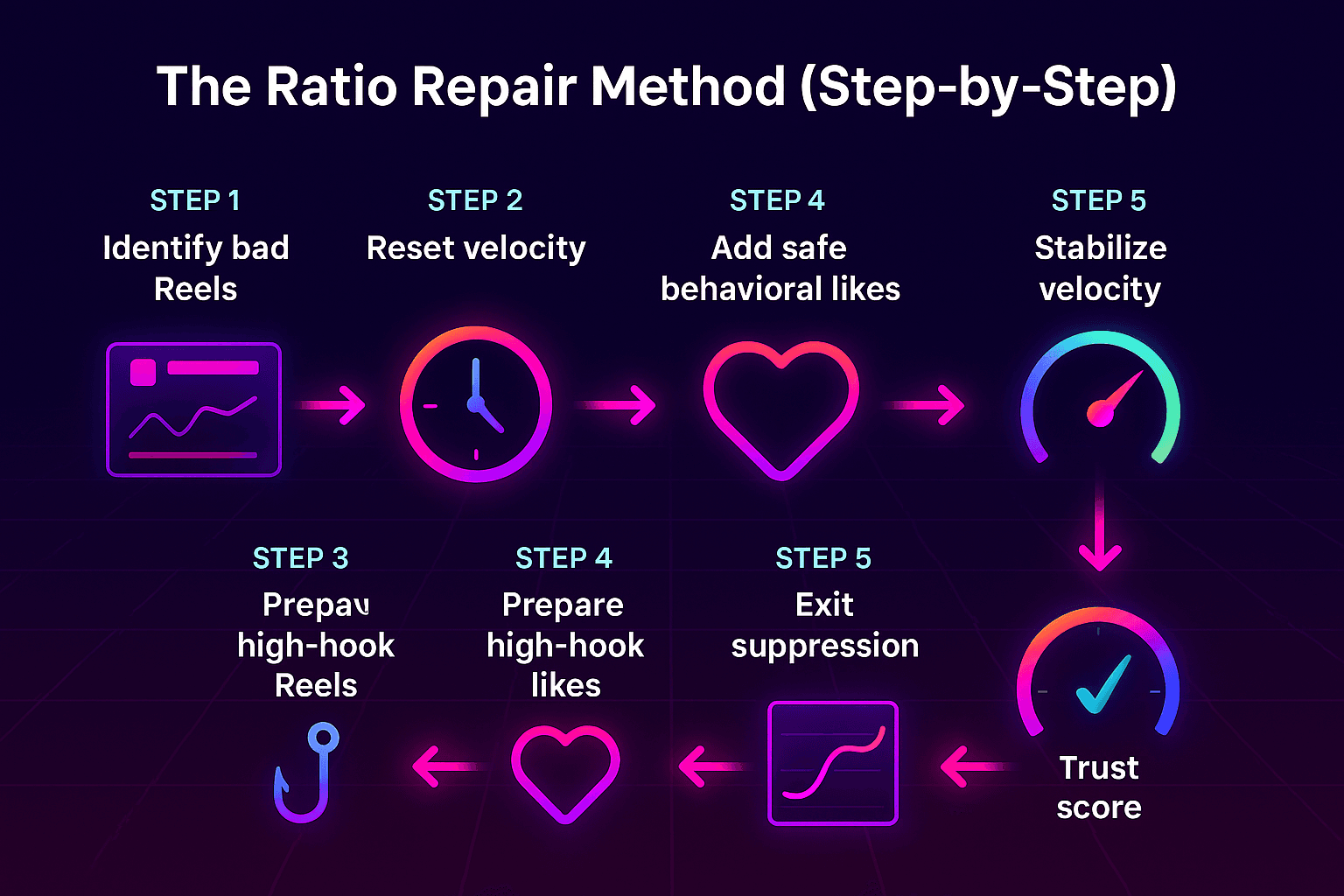 The Ratio Repair Method is a structured, algorithm-safe process for restoring your engagement ratio once your account enters suppression. This method works because it aligns with how Instagram’s 2026 algorithm measures early engagement, velocity balance, and GEO relevance. Below is the official 2026 version of the Ratio Repair Method, broken down into steps you can implement immediately.