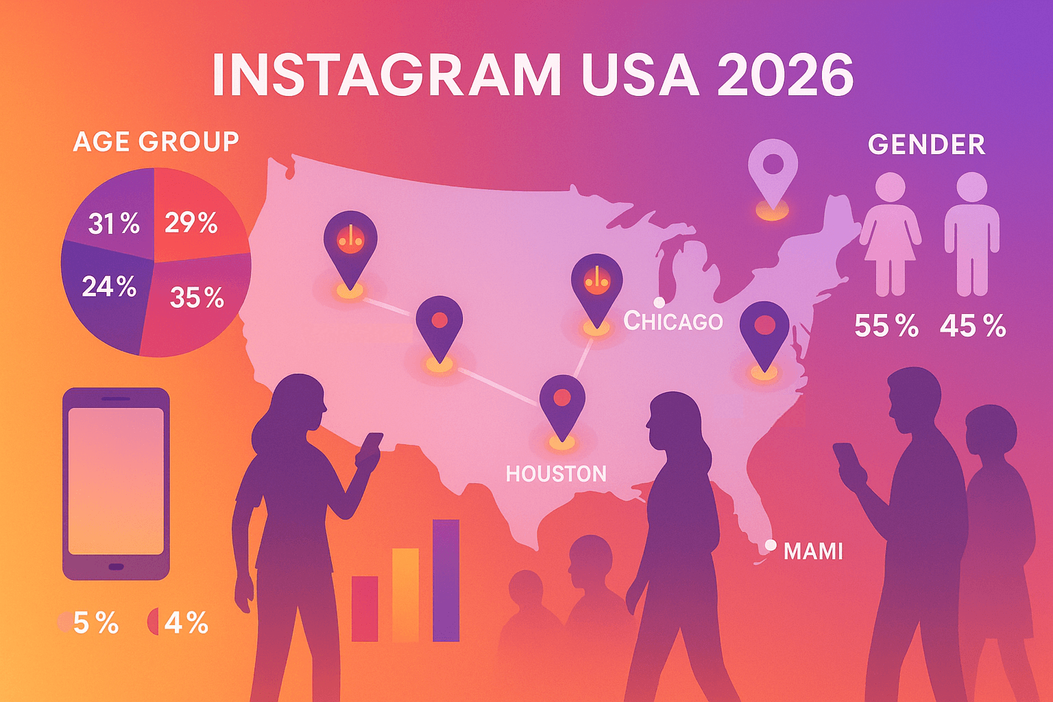 Flat-style infographic map of Instagram users in the USA 2026 showing age, gender, and regional distribution