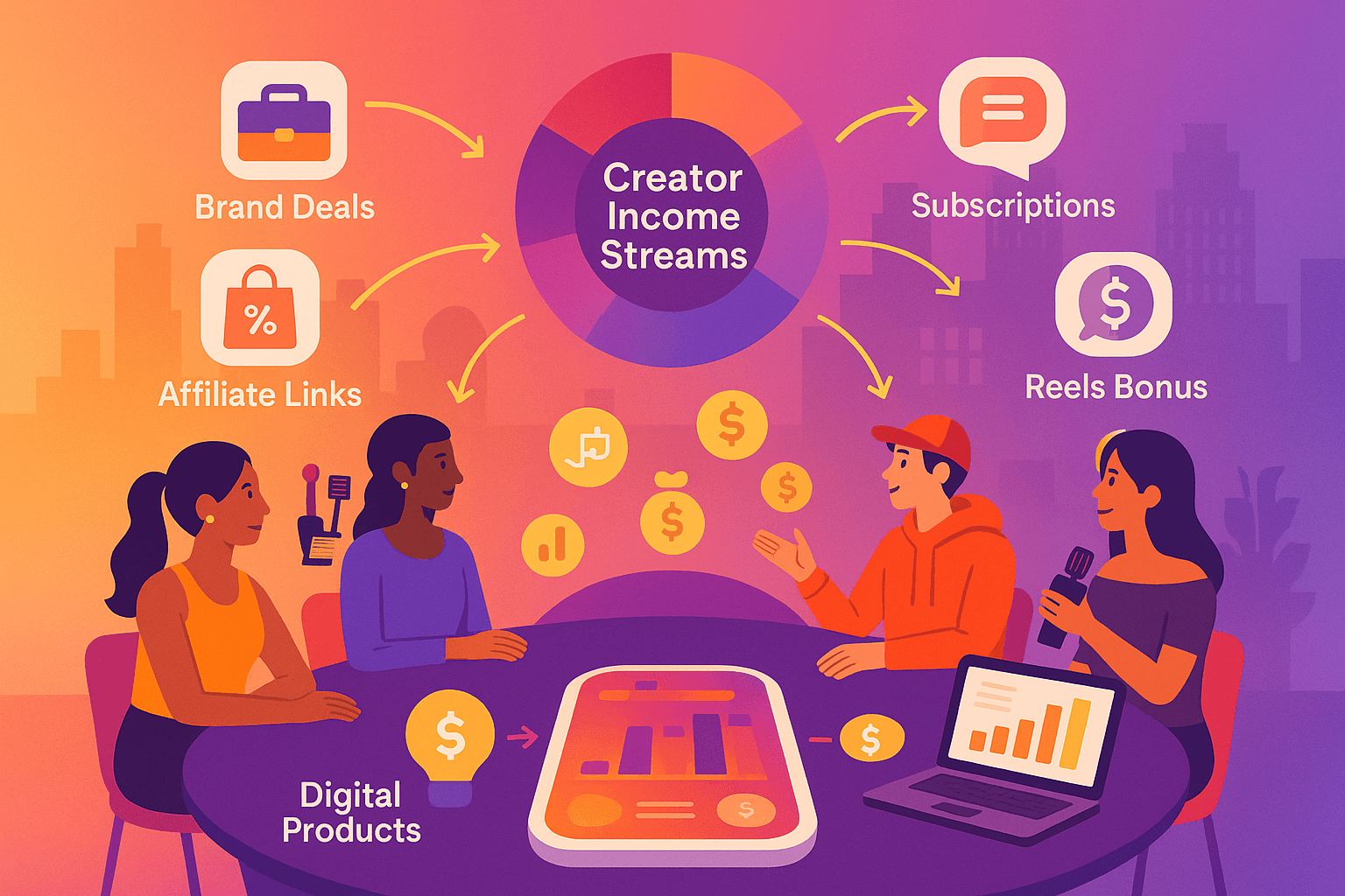 Infographic showing multiple income streams of U.S. Instagram creators in 2026 including brand deals, affiliate sales, subscriptions, and digital products