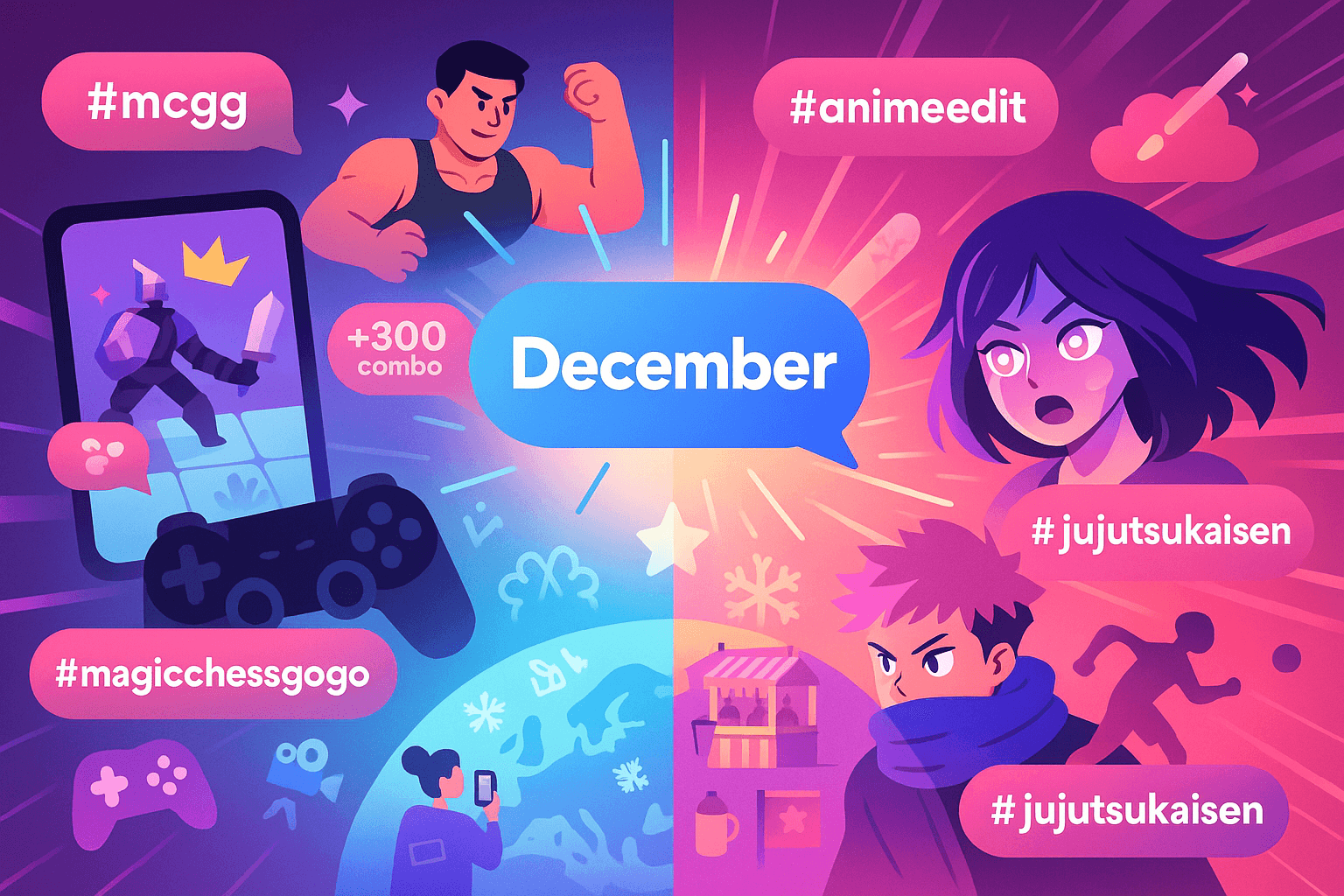 Gaming culture in Asia & LATAM (#mcgg, #magicchessgogo) ✨ Anime editing culture (#animeedit, #jujutsukaisen) 💥 December youth momentum explosion in the center