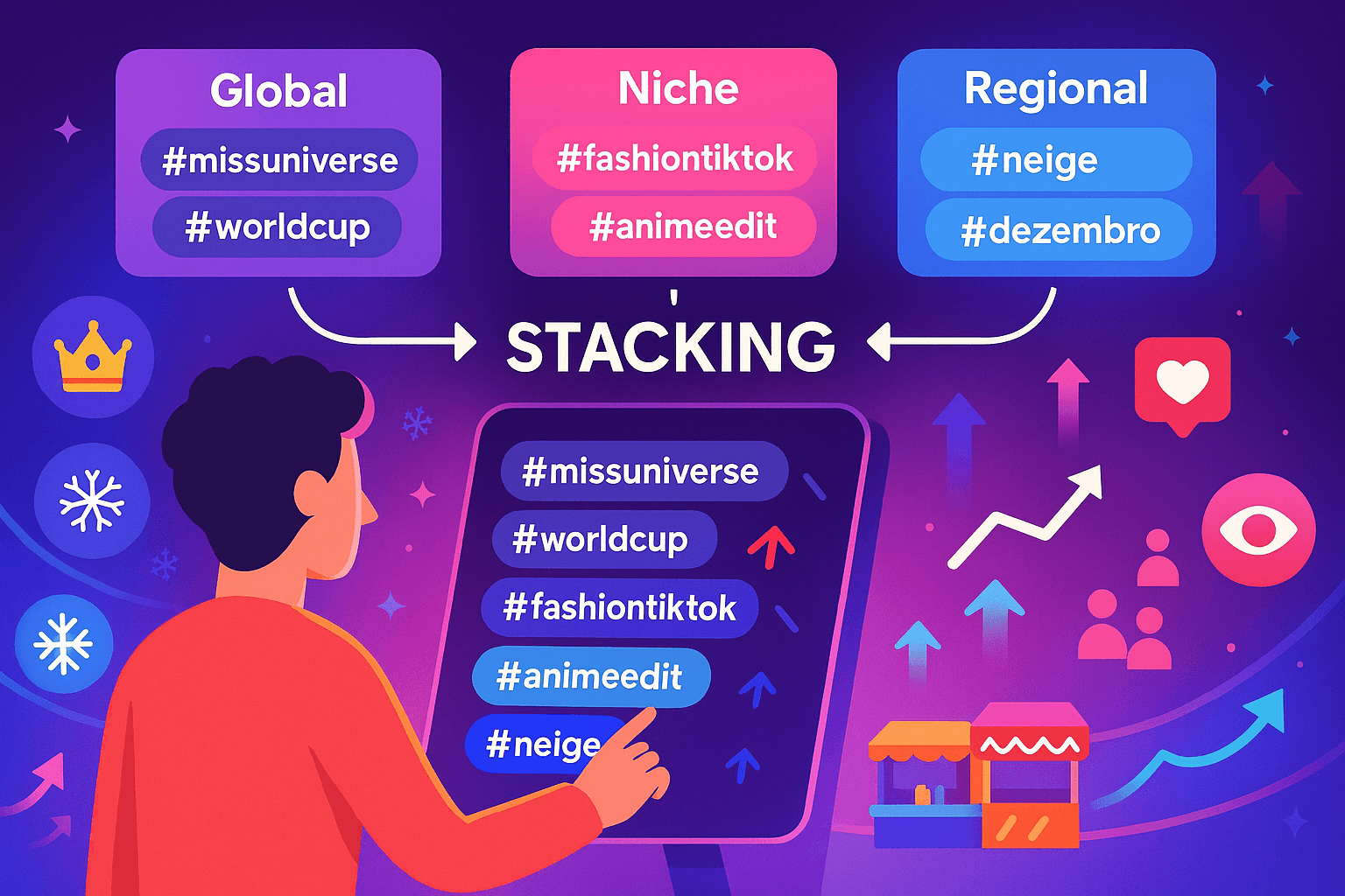✨ Global × Niche × Regional hashtag stacking 💡 A creator selecting hashtags in a modern workspace 📈 Growth indicators (views, arrows, hearts, followers) 🎨 Flat-style vector design with bright TikTok gradients 📱 A touchscreen hashtag panel with the exact tags you specified