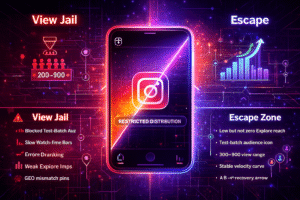 a dim red-tinted ‘INSTAGRAM View Jail Zone’ showing Reels capped at 200–900 views, small test-batch audience icons, low watch-time bars, flat velocity curve, and weak Explore impressions. Add warning symbols, GEO mismatch pins, and a declining trust-score meter (C/D tier).