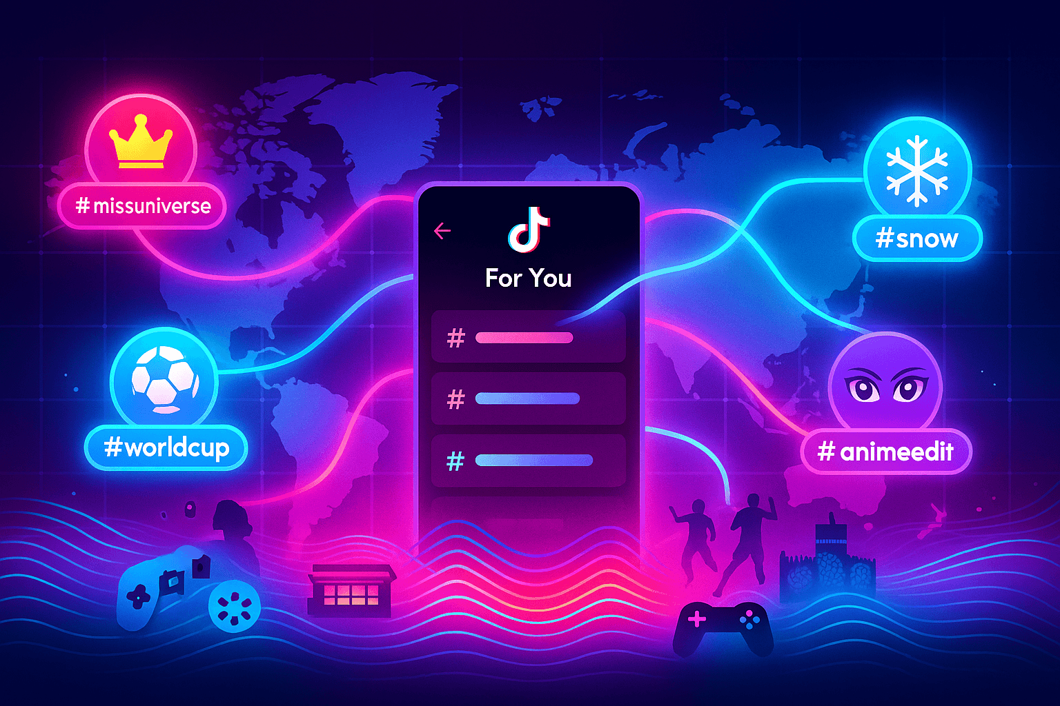 ✨ A neon AI-powered global network 🌍 Continents connected with algorithm lines 🔗 Hashtags traveling (#missuniverse, #worldcup, #snow, #animeedit) 📱 A central TikTok For You Page merging global feeds 🌈 Bright, intense neon gradients (blue, pink, purple) 📡 Waveforms showing data flow