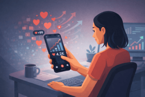 TikTok creator reviewing post engagement with increasing likes and visibility