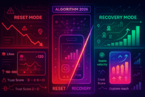 Did your Instagram views or likes drop overnight? In 2026, this usually has nothing to do with a shadowban — it’s almost always caused by an algorithm reset. Instagram introduced a new distribution system powered by Trust Score 2.0, real-time viewer modeling, and GEO-sensitive prediction layers. When something in your signals becomes unstable, the algorithm “resets” your distribution and recalculates who should see your content.