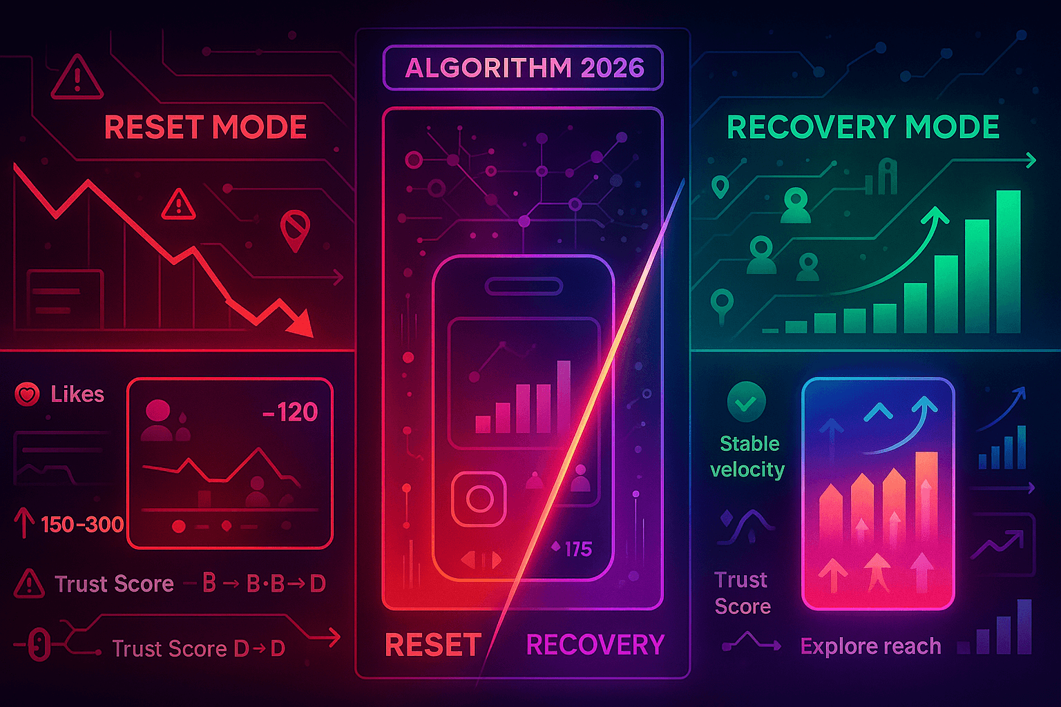Did your Instagram views or likes drop overnight? In 2026, this usually has nothing to do with a shadowban — it’s almost always caused by an algorithm reset. Instagram introduced a new distribution system powered by Trust Score 2.0, real-time viewer modeling, and GEO-sensitive prediction layers. When something in your signals becomes unstable, the algorithm “resets” your distribution and recalculates who should see your content.