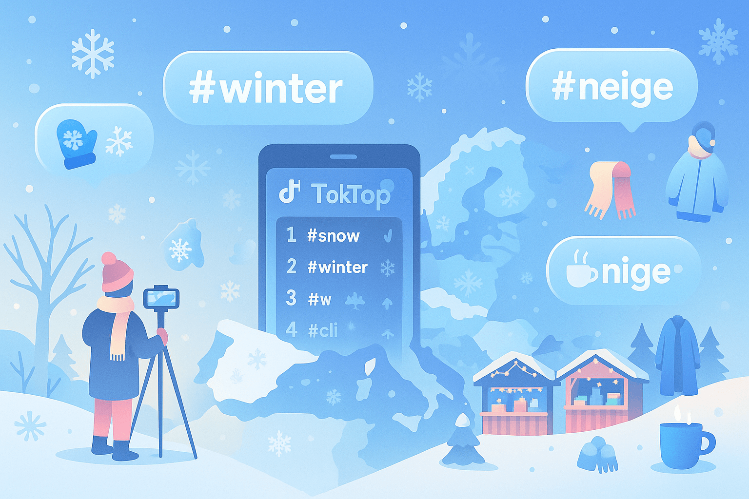 a clean, modern winter-themed illustration that perfectly matches the December European hashtag trends (#snow, #winter, #neige, #schnee).