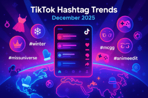 trending TikTok hashtags December 2025: it came out perfectly in the exact flat-style vector aesthetic, with neon TikTok–Instagram gradients, global map, hashtag bubbles, creator icons, and December vibes exactly as requested.