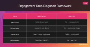 Instagram engagement drop diagnosis framework — four causes and whether likes help recover
