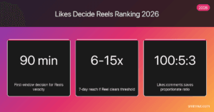 Likes decide Reels ranking stat card — 90 min first window, 6-15x reach, 100:5:3 signal ratio