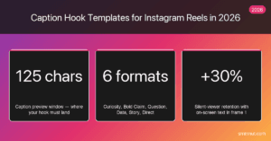 Caption hook templates Instagram Reels stat cards -- 125 char preview window, 6 formats, 30% silent-viewer retention lift 2026
