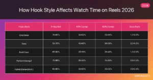 Hook style affects watch time Instagram Reels table -- 3-sec retention, 40% and 80% completion, save rate by hook type 2026