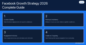 Facebook growth strategy 2026 framework — five growth levers diagram with content quality, posting consistency, engagement velocity, and audience targeting